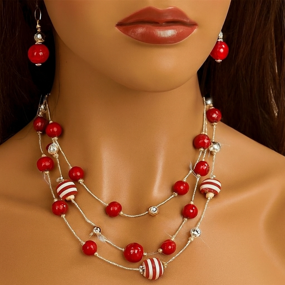 Elegant Layered Silver Red & White Beads Necklace - Women's Fashion Jewelry